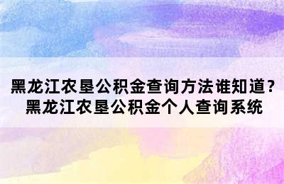 黑龙江农垦公积金查询方法谁知道？ 黑龙江农垦公积金个人查询系统